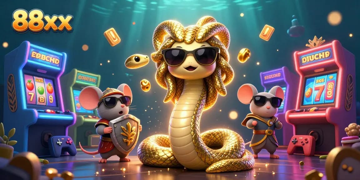 Engage in thrilling gaming experiences with 88xx alongside Medusa and a warrior mouse in a rich, colorful casino-themed scene.