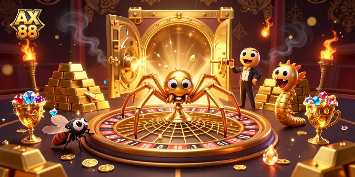 Experience the thrill of AX 88 through a dynamic scene featuring a cartoon spider and croupier.