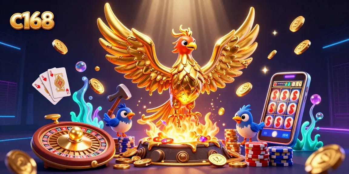 Experience the dynamic world of c168 casino with a majestic phoenix amidst vibrant gaming elements.