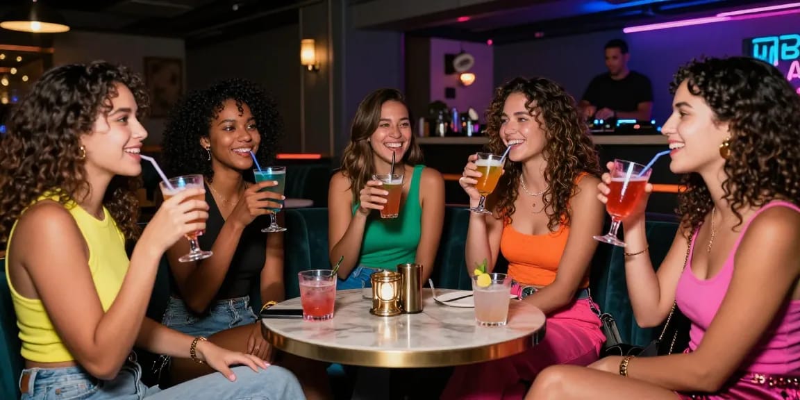 Nhóm gái gọi trong quán bar sôi động, cười đùa và thưởng thức cocktail, nếp sống về đêm hiện đại.