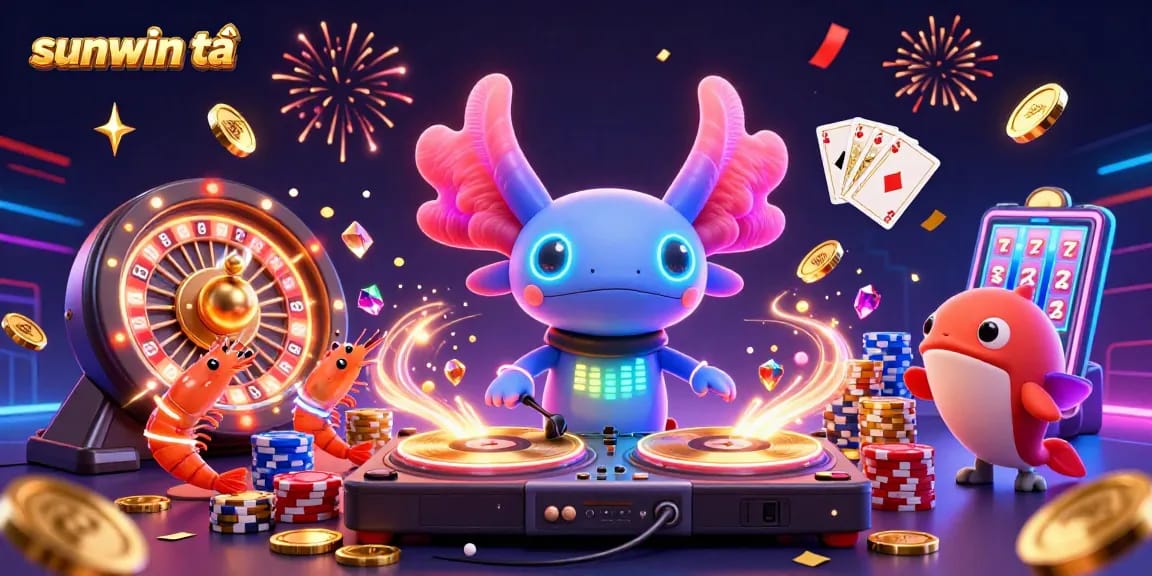 Experience the excitement of gaming with sunwin tải in a vibrant underwater party featuring a DJ axolotl.
