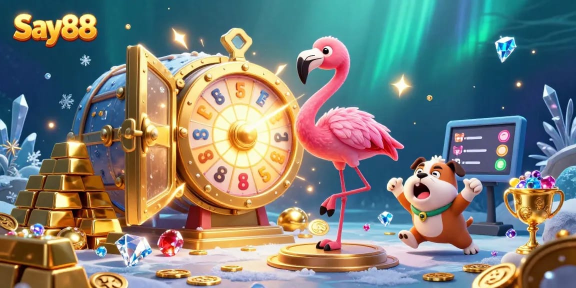 Experience thrilling wins with Say88's vibrant 3D casino game scene packed with gold and excitement.