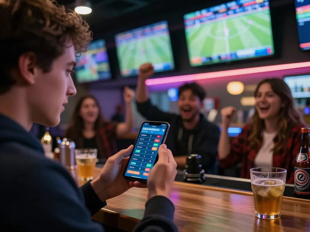 Kèo Nhà Cái 5 shows a sports betting enthusiast analyzing live odds in a vibrant sports bar