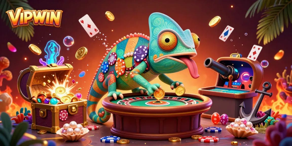 VIPWIN casino owner lures gamers with colorful poker chip body, amidst gold coin treasures.