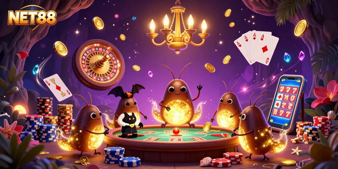 Experience NET88's vibrant casino atmosphere, featuring glowworms and a bat dealer in a lively scene.