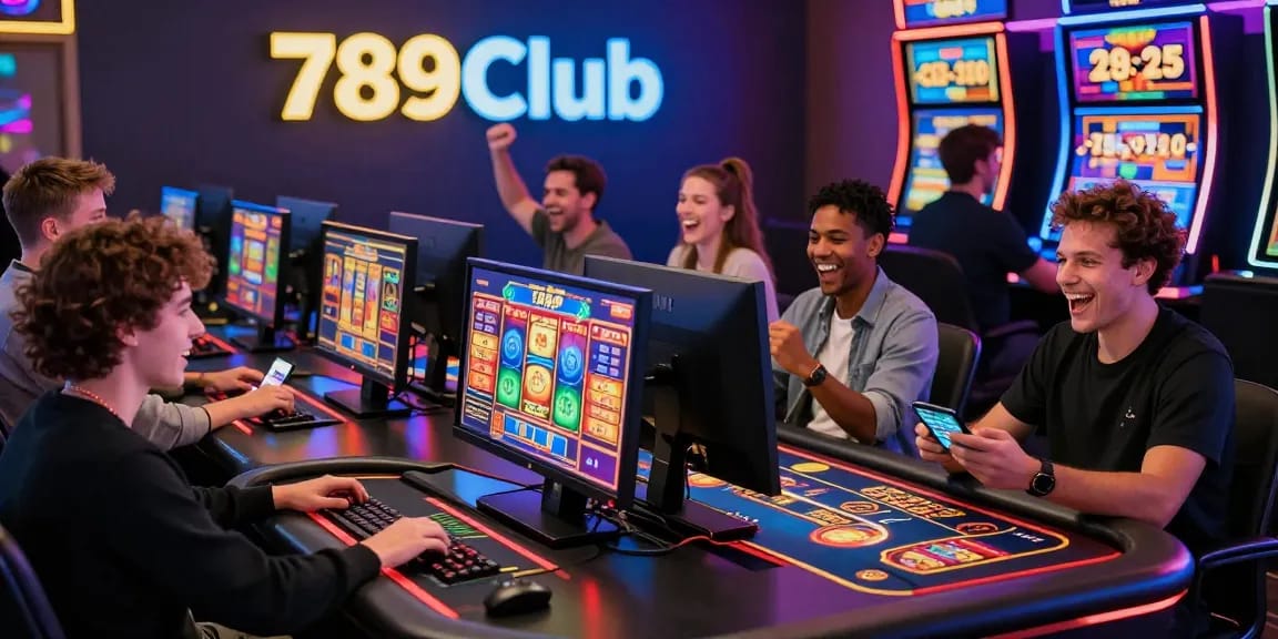Exciting gaming experience at 789Club, featuring diverse players enjoying vibrant casino games with neon lights and engaging interfaces.