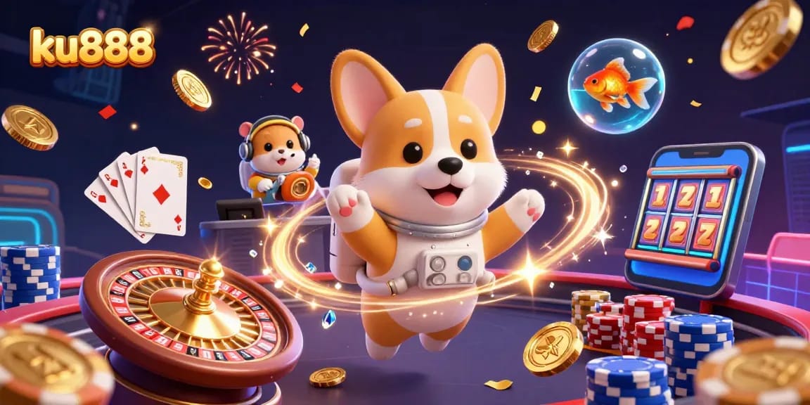 Engage with exciting games at ku888 while a corgi astronaut enjoys a space station casino adventure.