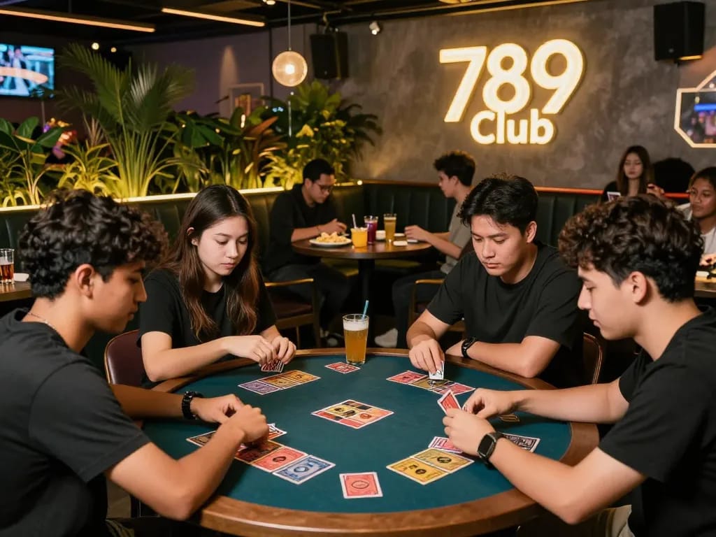 Friends enjoying card games at the 789 club in a vibrant gaming lounge, with neon lighting and lively atmosphere.