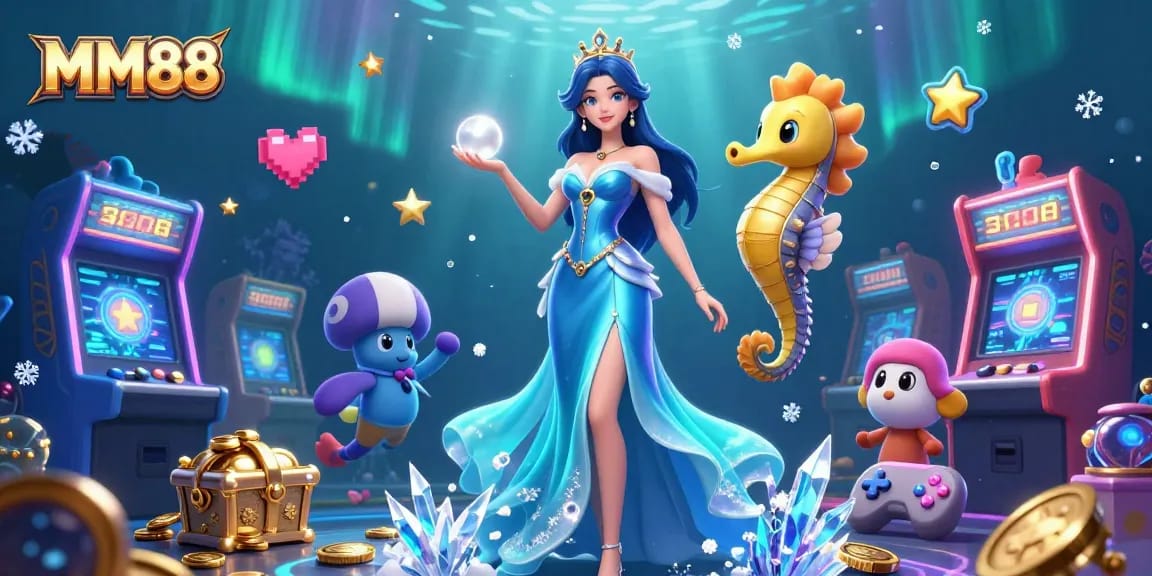 Experience MM88 thrilling underwater casino adventure with a stunning woman and seahorse king.