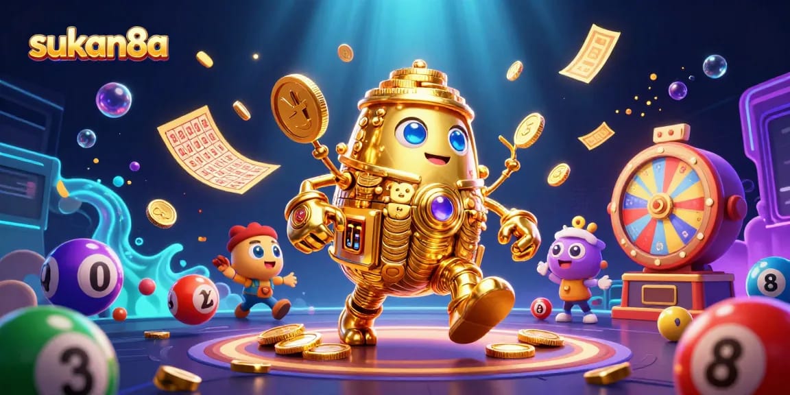 Play and win with sukan8a's vibrant lottery and bingo-themed illustration, showcasing dynamic casino elements.