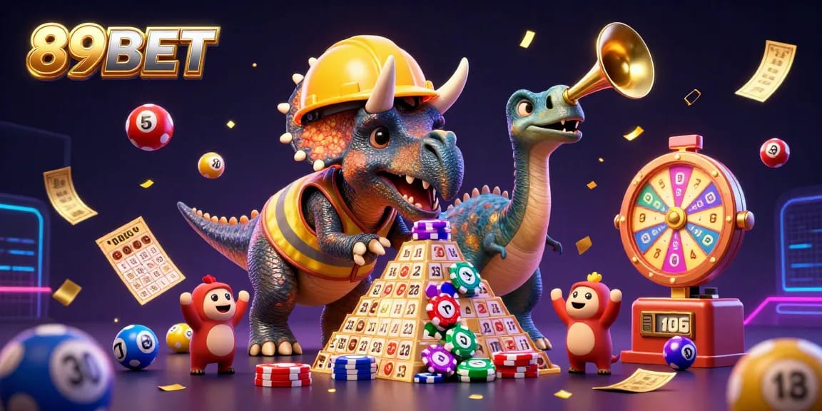 Experience the excitement of 89BET while a triceratops builds a poker chip pyramid in a vibrant casino scene.
