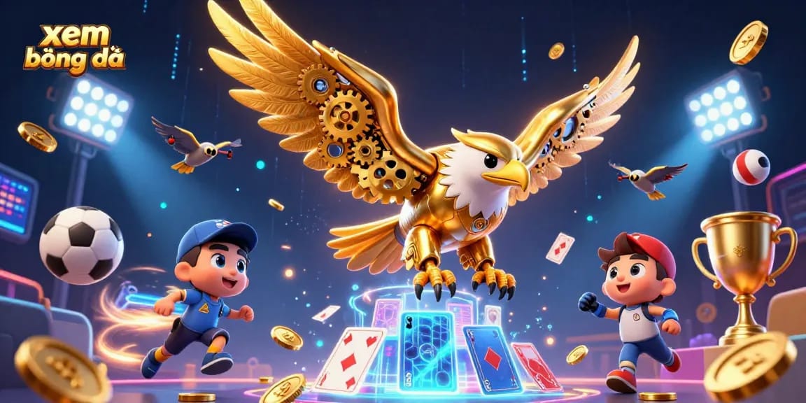 Engage in xem bóng đá betting action with dynamic sports elements and a striking, holographic eagle illustration.