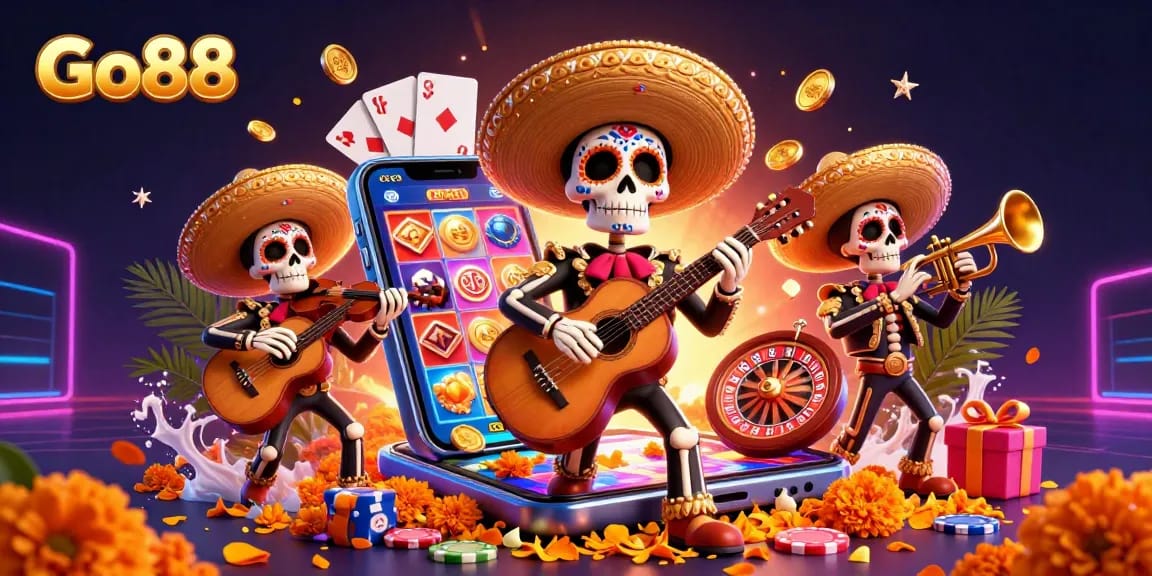 Engage with Go88 as mariachi skeletons bring vibrant gaming elements to life in a rich casino scene.