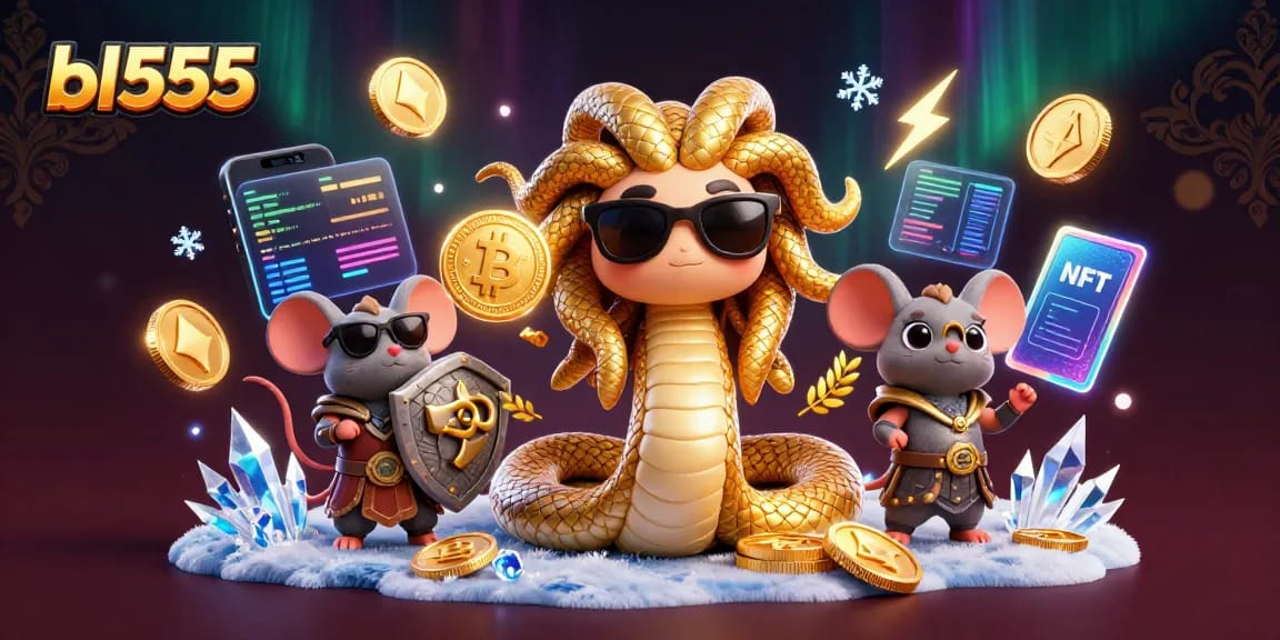 Experience bl555 with vibrant casino-themed characters and cryptocurrency elements in 3D.
