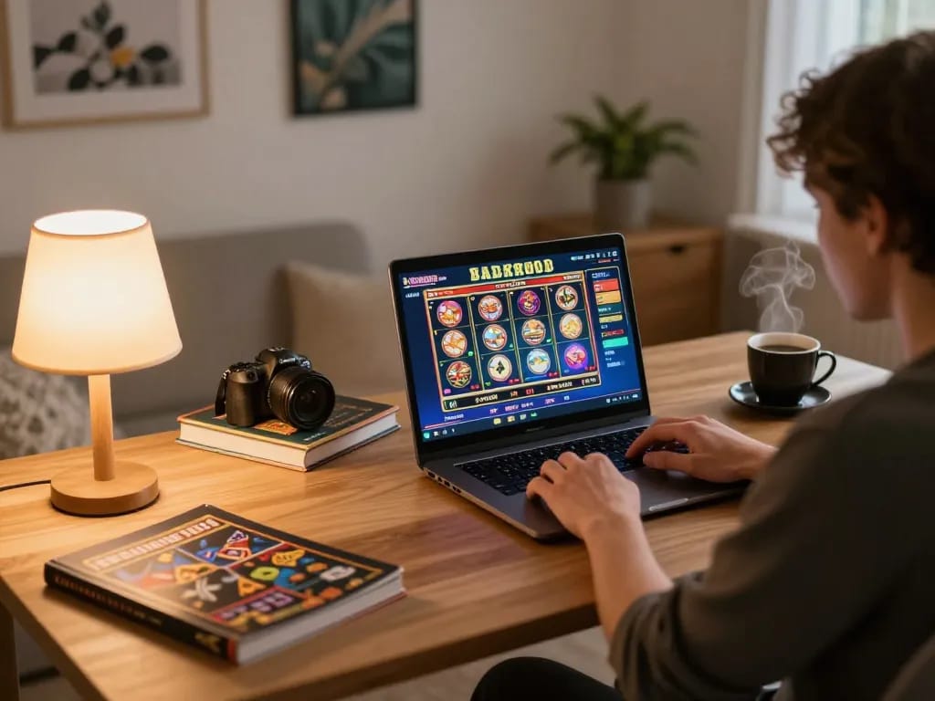 Player engaged in 789 slots gameplay at home using a laptop in a cozy setting