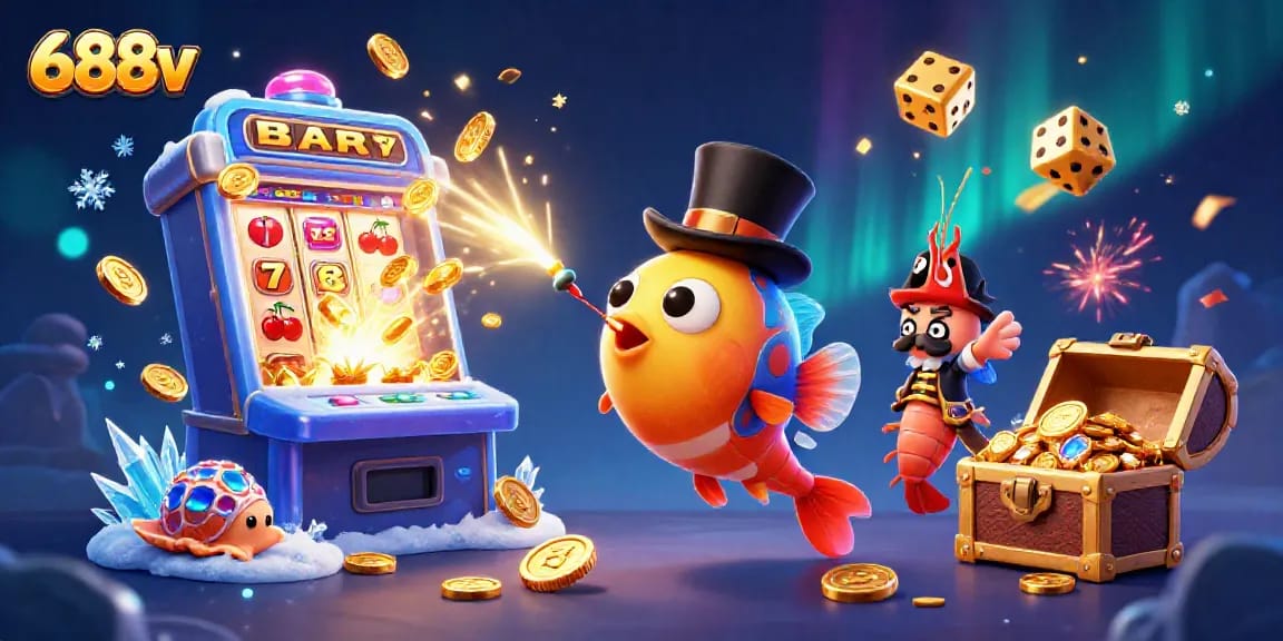 Experience jackpot excitement with 688v as golden coins shower from vibrant slot machines.