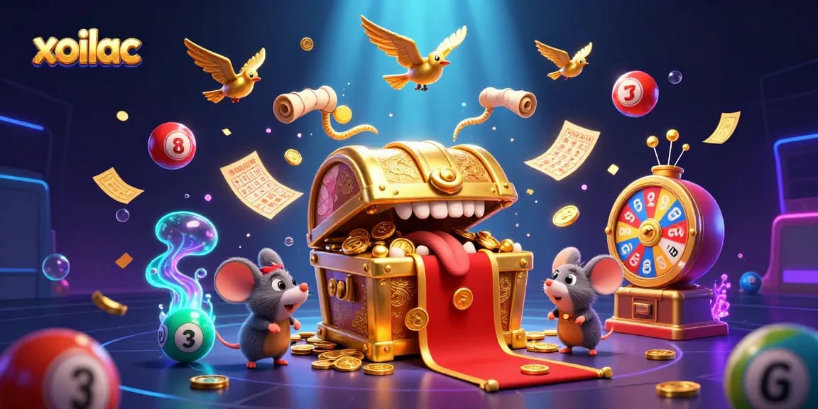 Xoilac offers an engaging gambling experience with vibrant visuals of colorful lottery balls and exciting prize elements.
