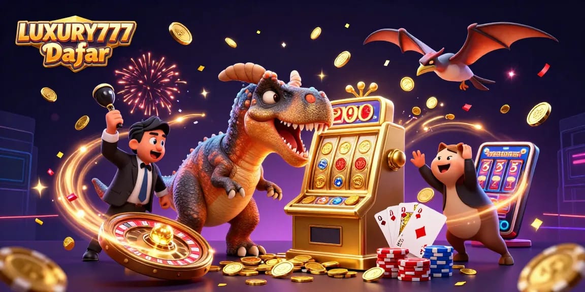 LUXURY777 Daftar, meriah slot kasino dengan dinosaur beraksi dan koin berjatuhan.