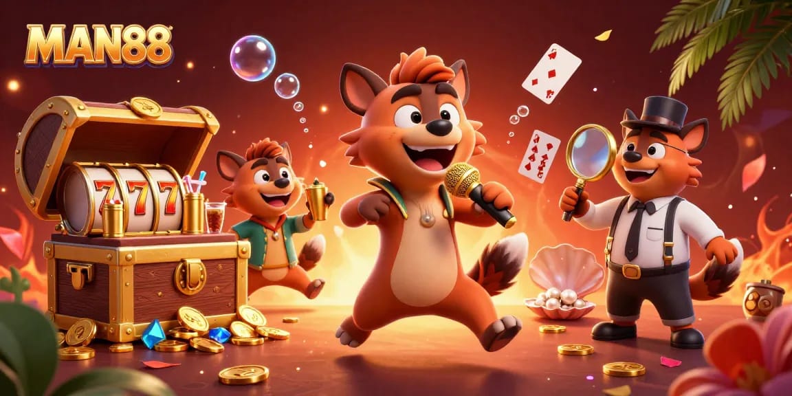 Experience the thrill of MAN88 with colorful gems and hyenas in a vibrant casino scene.