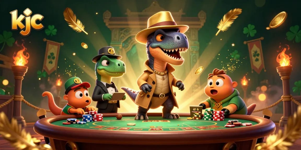 Experience the thrill of kjc with a velociraptor at a blackjack table amidst swirling gold.