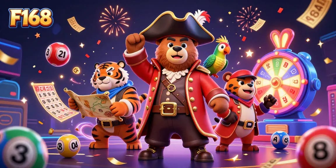 Engage with F168's thrilling casino experience presented by a pirate captain bear with vibrant gaming elements.