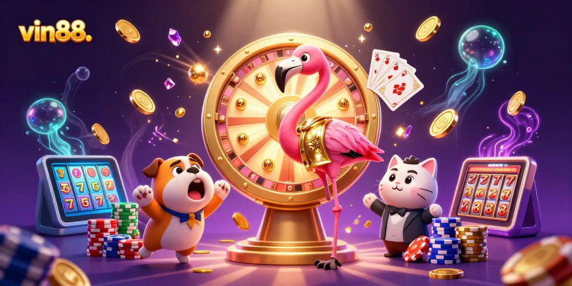 Spin the golden prize wheel with vin88. while vibrant gemstones and coins cascade around in this lively casino illustration.