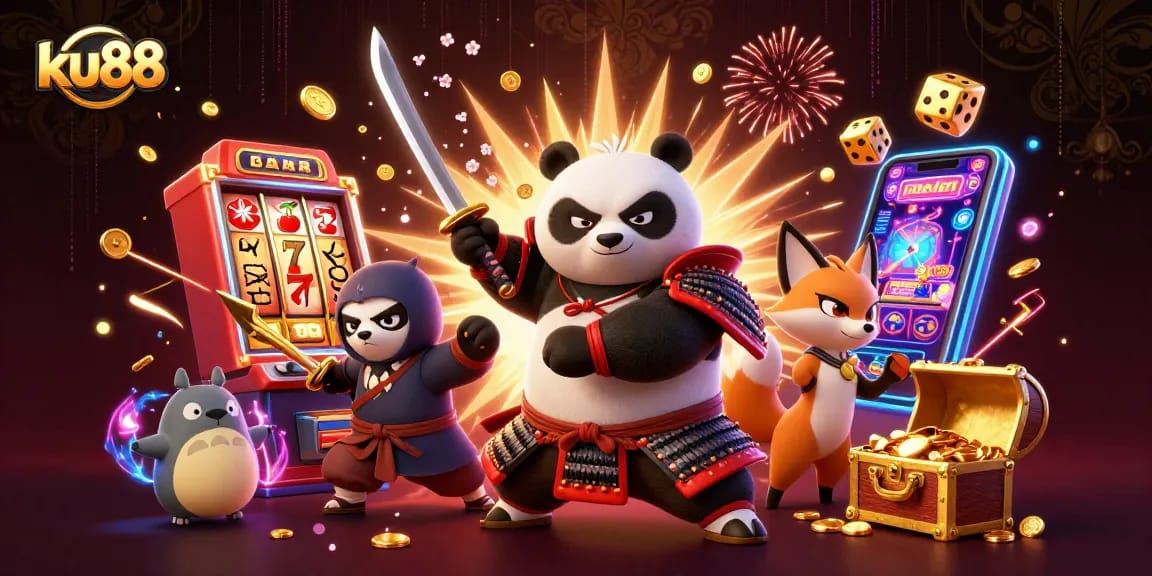 Engage with ku88's vibrant 3D illustration featuring a samurai panda and ninja fox in a casino scene