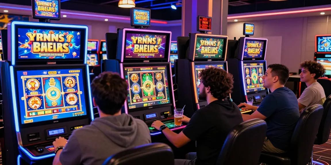 Players enjoying bonus buy slots at a vibrant online casino, showcasing exciting graphic games and energetic atmosphere.