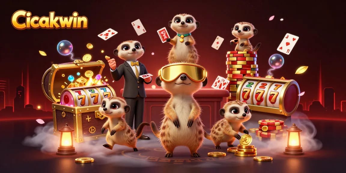 Cicakwin's meerkats manage a vibrant casino operation with thrilling slot reels and gold coins.