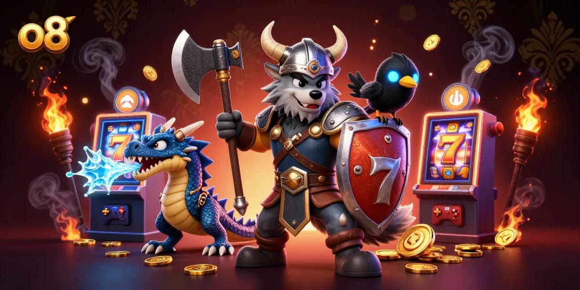 Engage in thrilling action at o8's online slots with a Viking warrior and fierce dragon illustration.