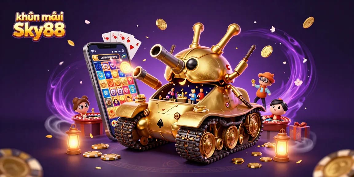 Experience the thrill of khuyến mãi Sky88 with a vibrant 3D casino illustration featuring a beetle tank and slot games.