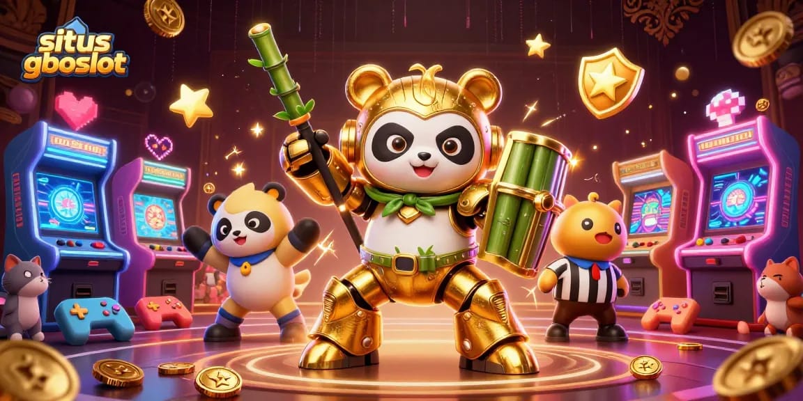 Menyaksikan permainan slot di situs gboslot dengan panda emas dan robot pertarungan dalam arena yang meriah.