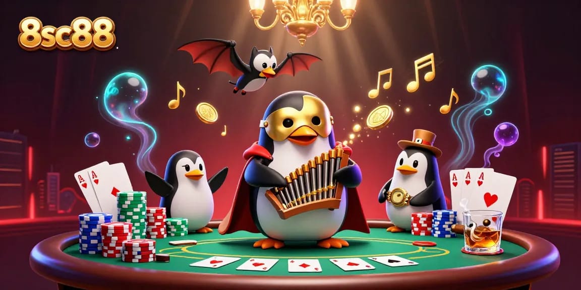 Engage with 8sc88, as a mystical penguin plays an organ shooting coins amidst a vibrant casino atmosphere.