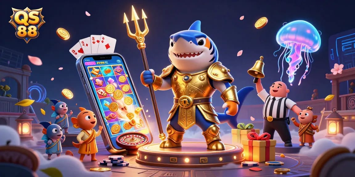 Engaging scene of QS 88 with a tiger shark in gladiator armor, showcasing casino games and vibrant action.