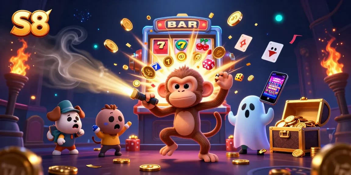 S8 offers thrilling casino action with a playful poltergeist monkey and a curious ghost-hunter puppy in a vivid 3D illustration.
