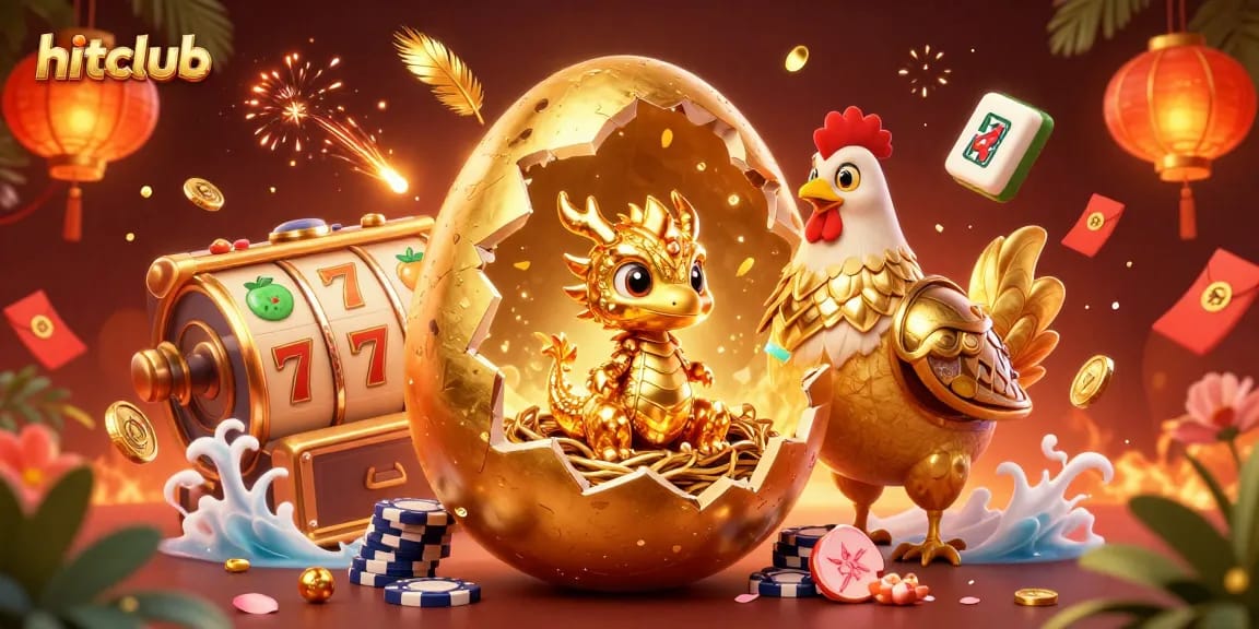 Experience hitclub with golden dragon treasures, vibrant slot reels, and festive casino elements.