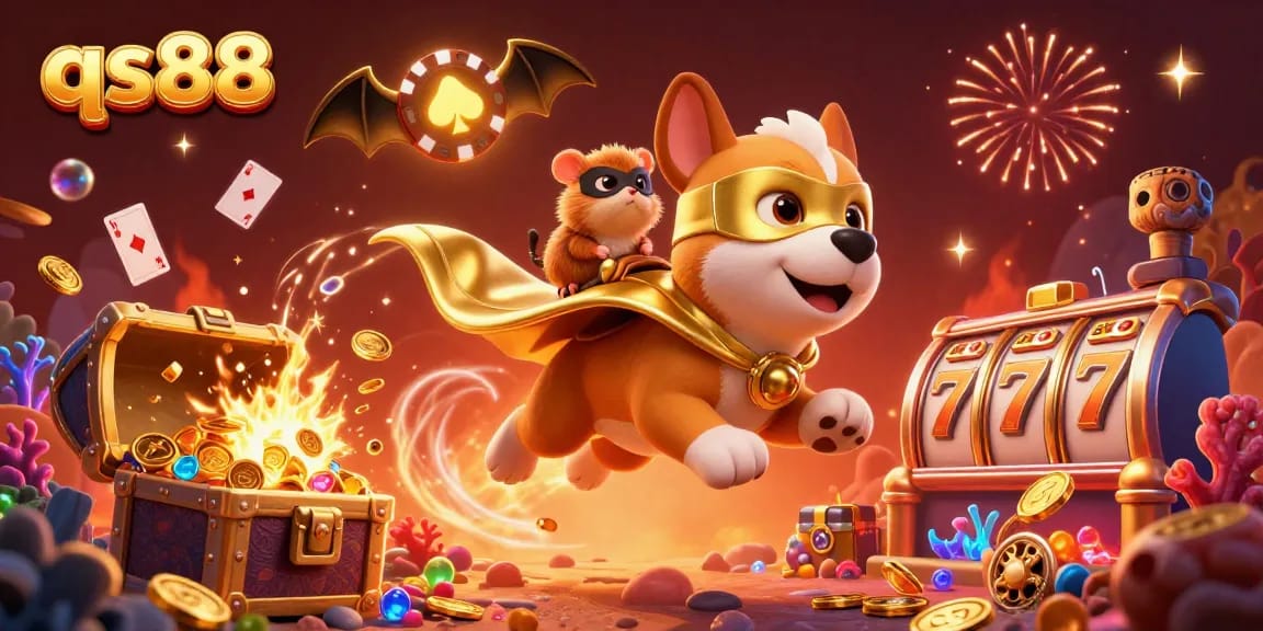 Embark on thrilling adventures at qs88 with a superhero dog and action-packed casino elements.