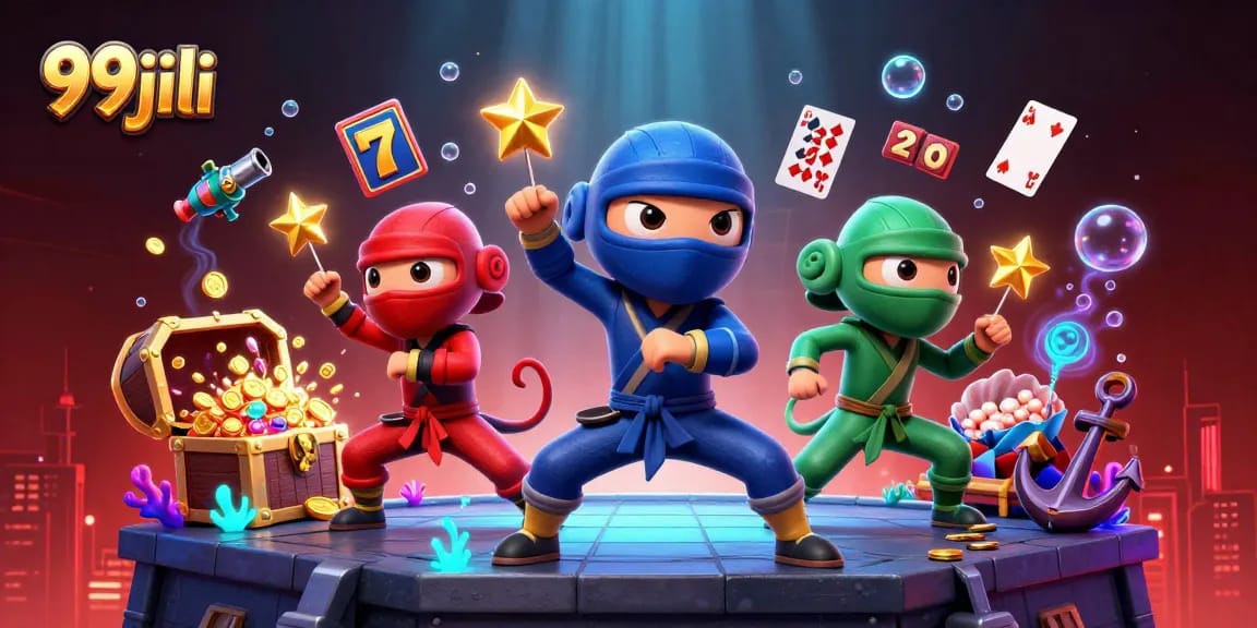 Engage with 99jili on a vibrant illustration showcasing ninja chameleons in a casino-themed setting.