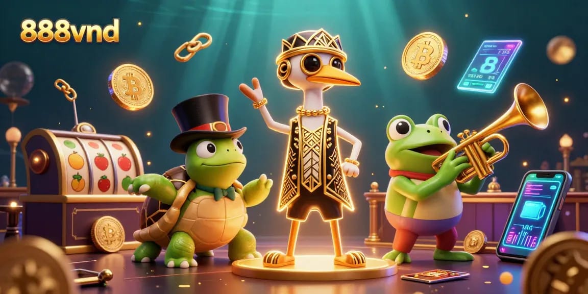 Experience thrilling slots and jackpots with 888vnd in this vibrant casino scene illustration.