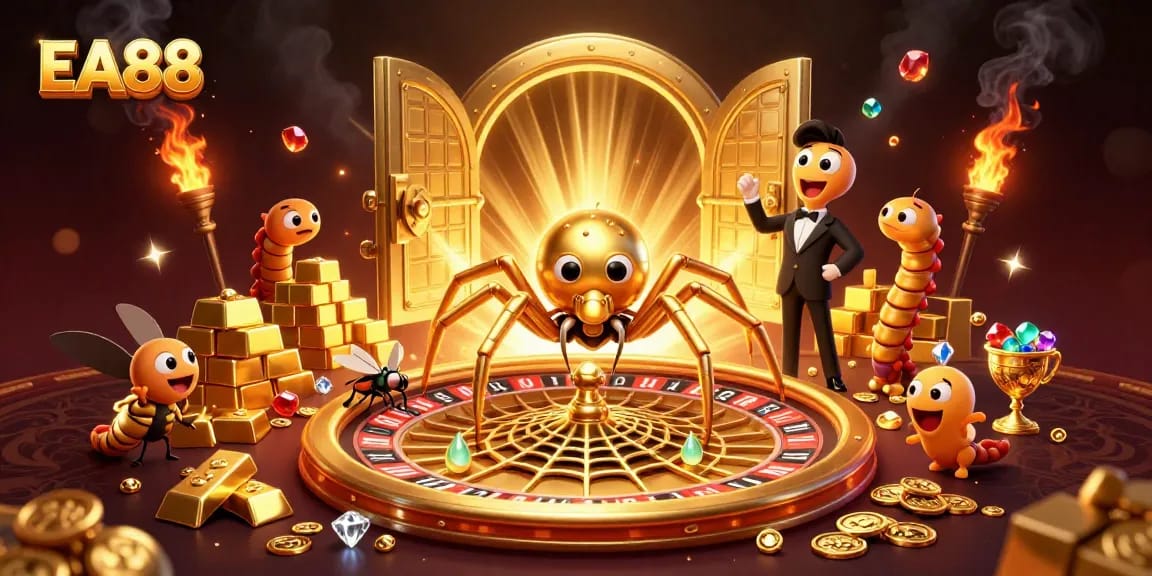 Engage in thrilling bets at EA88's vibrant casino scene with golden spider and centipede dealer.