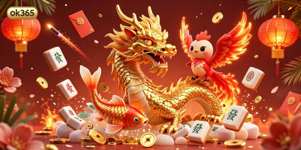 Engage in thrilling gaming action at ok365 with immersive visuals featuring a fierce dragon and koi fish.