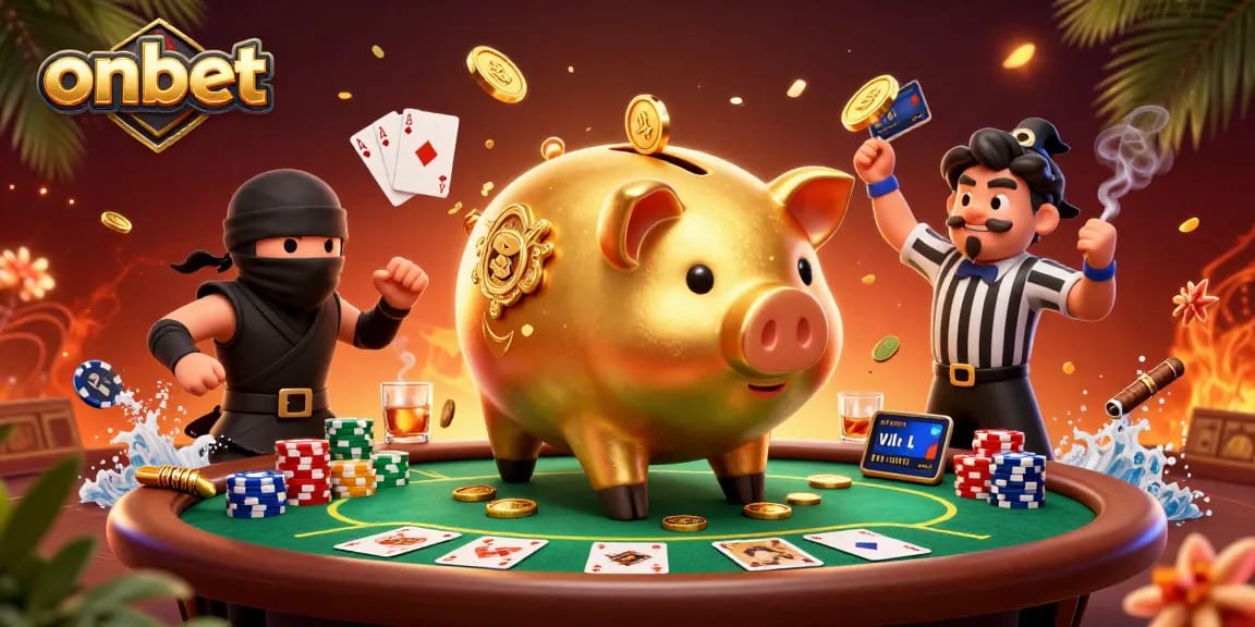 Experience the excitement of onbet with golden piggy bank characters amid a lively poker scene.