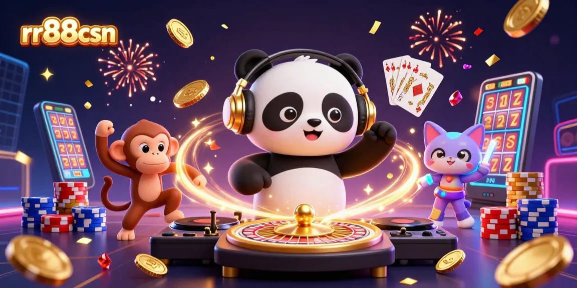 Experience the thrills of rr88csn with lively characters in a vibrant casino scene celebrating gaming.