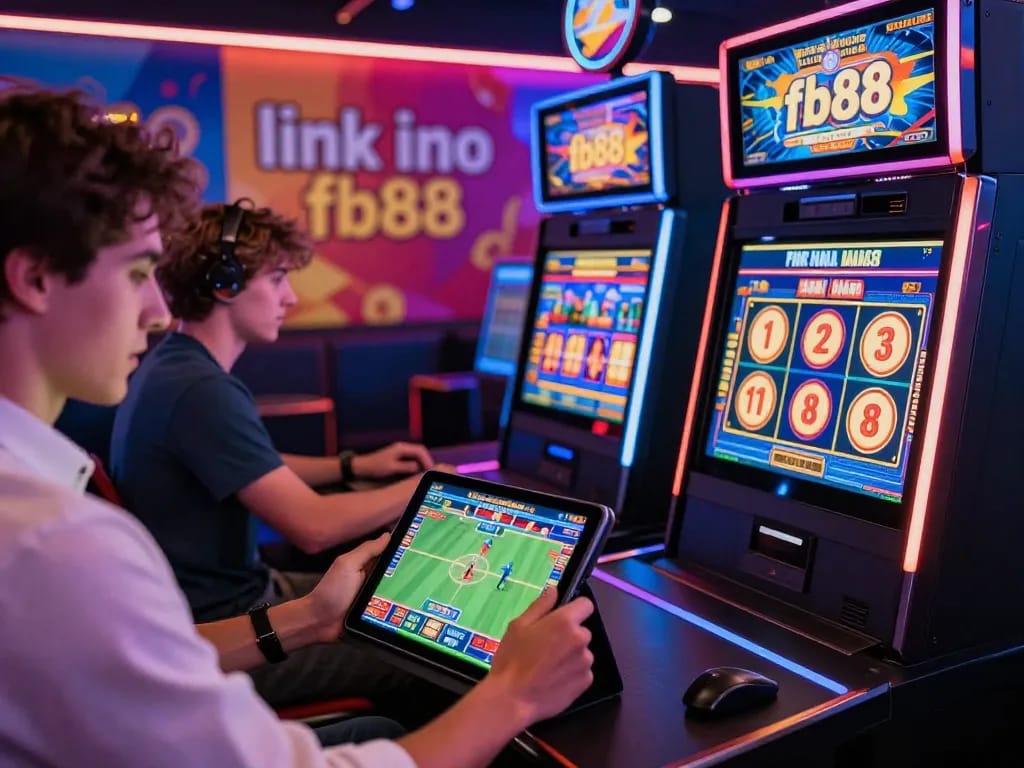 Engaging online gaming scene at FB88 showcasing players using tablets and laptops, highlighting the link vào fb88 for accessing exciting promotions.