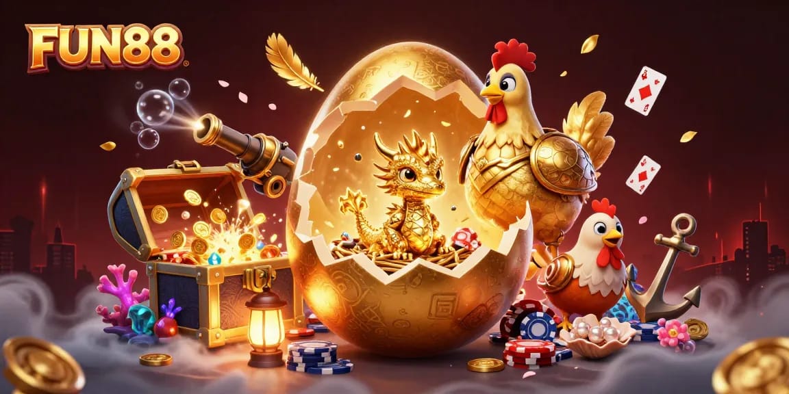 Experience FUN88's exciting gaming world with a golden dragon amidst thrilling casino elements.