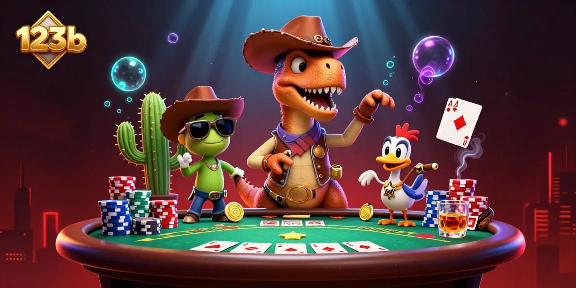 Experience thrilling action with 123 b in a vibrant casino scene featuring T-Rex and poker elements.
