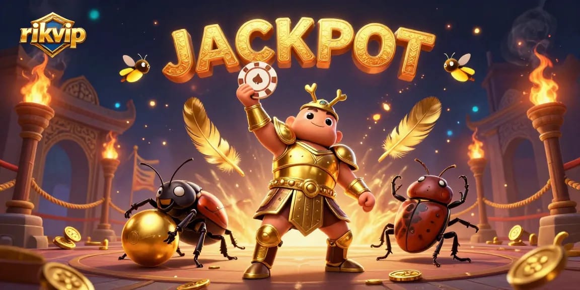 Experience the thrill of rikvip with a victorious beetle in gladiator armor, jackpot fireworks, and gold coins.