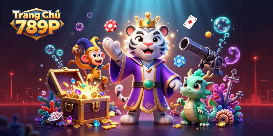 Experience top-tier gaming with Trang Chủ 789P featuring a regal tiger, jester monkey, and dynamic casino elements.