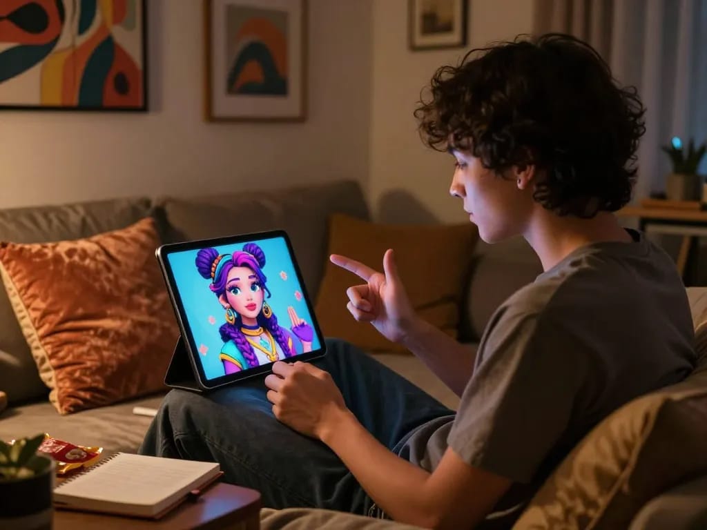 An engaging AI chat porn session with a user in a cozy space, featuring vibrant character designs and intimate atmosphere.