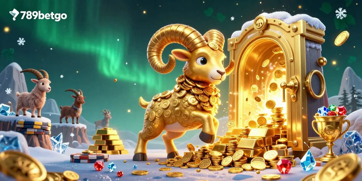 Experience the excitement at 789betgo with a dynamic 3D illustration of a golden ram charging through riches!